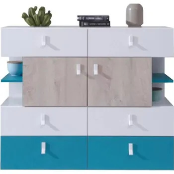 Dětská skříň Komoda Planet 110 cm Bílý/Dub/Tyrkysový