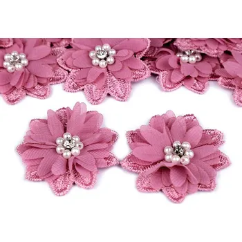 Květ s broušeným kamínkem a korálky k našití a nalepení Ø5 cm, barva 4 starorůžová