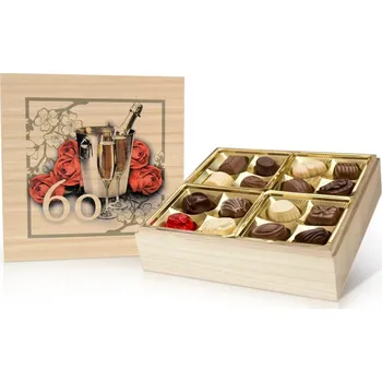 Bonboniéra Selllot, s.r.o., K Hájům 34, 155 00 Praha 5 - Vyrobeno v Belgii Narozeniny 60 let - belgické pralinky v dřevěné dóze 400 g