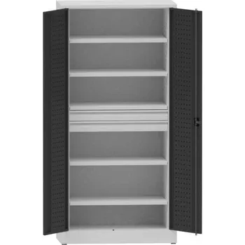 Dílenská skříň na nářadí, v x š x h: 1950x950x500 mm, perforované panely, 4 x police, 2 x zásuvka, barva šedá RAL7035/antracit RAL7016