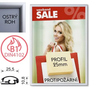 Reklamní Klaprám s profilem (šířkou rámu) 25mm - PROTIPOŽÁRNÍ Formát A3, ostrý roh (KRA3G25B1)