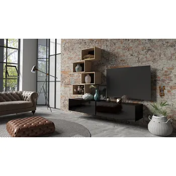 Obývací stěna Malá obývací stěna Calabrini 30 - černá / černý lesk / dub artisan