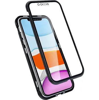 Pouzdro na mobilní telefon Ochranný kryt s hliníkovým magnetickým rámečkem a ochraným sklem pro Apple iPhone 11 Pro Max - černý