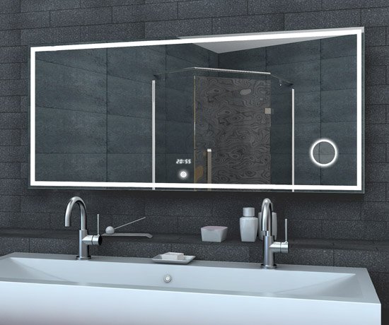 Zrcadlo s LED osvětlením,hodinami a lupou LMC 140x60cm (LUMI 140 zrcadlo s LED osvětlením,hodinami a lupou)