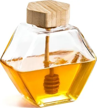 Nádoba na med Gadget Master Šestiúhelníková sklenice na med s dřevěnou naběračkou