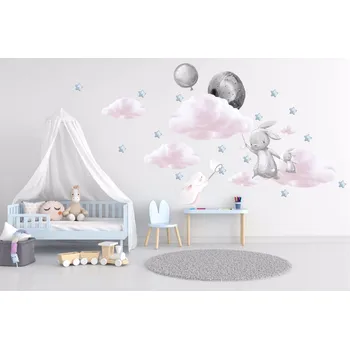 Samolepící dekorace Králíčci, balonky, mráčky a hvězdičky Šedá - M