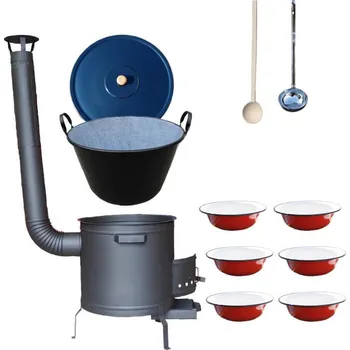 Kempingové nádobí Smaltovaný kotel 50 L s žáruvzdornou kotlinou 50 cm a se smaltovanými talíři 6 ks PLUS 600 BIG PARTY