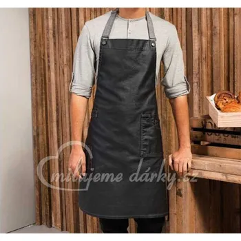 Kuchyňská zástěra Černá džínová zástěra s laclem a kapsou, s šedým popruhem