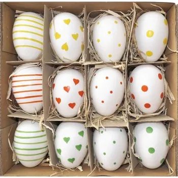 Velikonoční dekorace Vajíčka s oranžovým, žlutým a zeleným zdobením 6 cm, 12 ks v krabičce