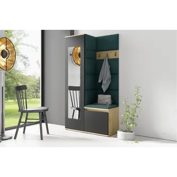 Předsíňová stěna Eka Předsíňová stěna s čalouněnými panely Trinity 13 - Dub Artisan s černou / Tmavá zelená 2328