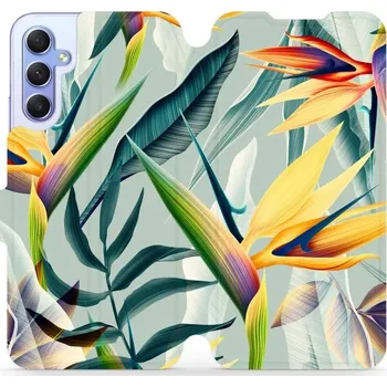 Pouzdro na mobilní telefon Flipové pouzdro Mobiwear - Samsung Galaxy A34 5G - MC02S Žluté velké květy a zelené listy (Knížkové flip pouzdro, obal, kryt na mobil Samsung Galaxy A34 5G - MC02S Žluté velké květy a zelené listy, materiál Umělá kůže + TPU - ochrana 360°, stojánek,)