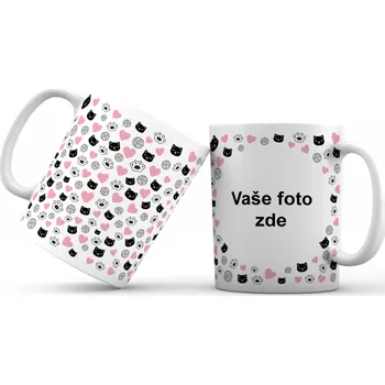 Hrneček s vlastní fotkou a kočičkami se srdíčky okolo (CELOPOTISK) - 330ml bílý Barva: Růžová