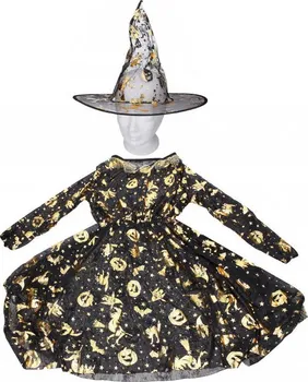 Karnevalový kostým Wiky Halloweenské šaty Čarodějnice s kloboukem dýně/černé/zlaté uni