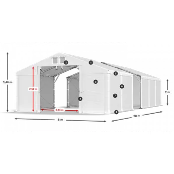 Zahradní stan Skladový stan 8x28x2m střecha PVC 620g/m2 boky PVC 620g/m2 konstrukce POLÁRNÍ PLUS Bílá Bílá Bílá