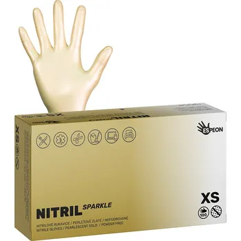 Vyšetřovací rukavice Espeon Nitrilové rukavice NITRIL SPARKLE 100 ks, nepudrované, perleťově zlaté, 4.0 g Velikost: XS