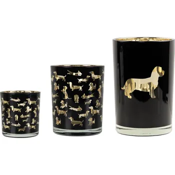 Svícen Černý skleněný svícen s jezevčíky Dachshund L - Ø 12*18 cm