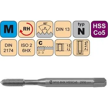 Ruční nářadí NÁSTROJE CZ Tvářecí závitník M6x1 6HX HSSCo5 DIN 2174 s mazací drážkou - CZZ2950-M6-6HX