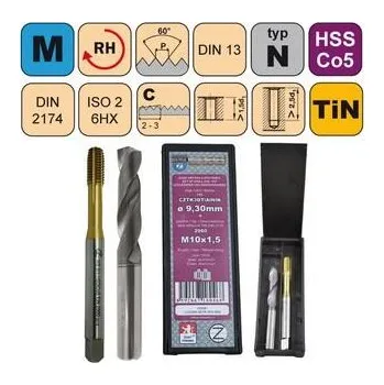 Ruční nářadí NÁSTROJE CZ Sada tvářecí závitník M12x1,75 6HX HSSCo5 TiN DIN 2174 s mazací drážkou +vrták CZTK3DTiAlNIK-11,20 - CZZ2960-SDTK-M12-6HX