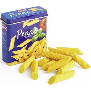 Dřevěná hračka Erzi - Německo Těstoviny penne v plechové dóze