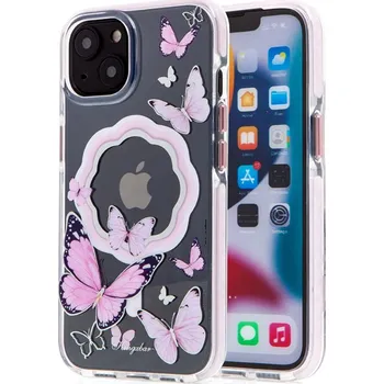 Telefonní příslušenství Kryt KINGXBAR Butterfly pro Apple iPhone 14 Plus - podpora MagSafe - plastový / gumový - motýli - růžový