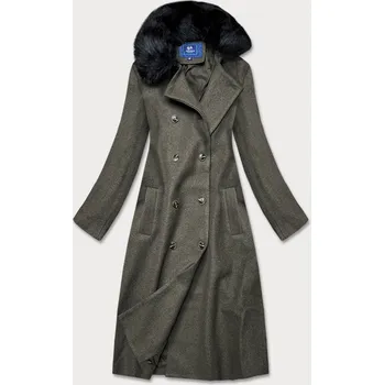 Dámský kabát Dlouhý kabát v khaki barvě s kožešinovým límcem (20201202) odstíny zelené XL (42)