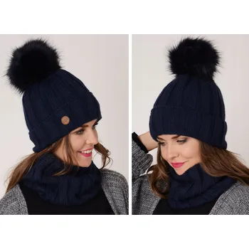 Čepice Fashionweek Zimní set čepice s bambulí a šál,pletený tunel ZIZI17/K7 Barva: Tmave modry, Velikost: Universal