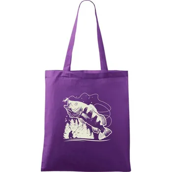 Nákupní taška Rybář na břehu rybníka muškaří - Taška bavlněná - 42 x 38 cm ( Fialová )