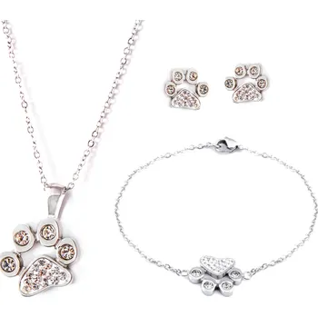 Souprava šperků Set náušnice, náhrdelník a náramek s tlapkou a zirkony - chirurgická ocel
