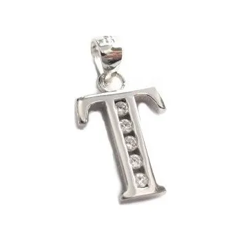 Přívěsek Stříbrný přívěšek písmeno "T" se zirkony Rhodium Stříbro 925/1000