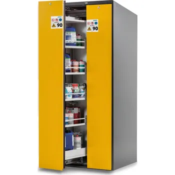 Protipožární skříň asecos Wide-Scoper 81-8, 2 vertikálně výsuvné moduly, 8x police, žlutá