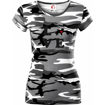 Dámské tričko Bernský salašnický pes love - Dámské maskáčové triko - S ( Šedý maskáč )