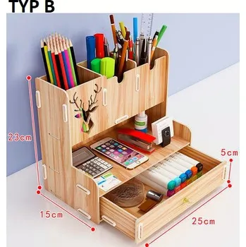 Stolní dřevěný organizér na kancelářské potřeby, 4 typy Varianta: TYP B, Barva: Hnedá