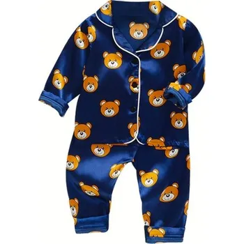 Chlapecké pyžamo Dlouhá hedvábná (saténová) dětská pyžámka Barva: tm. modré s medvídky, Velikost: XL/110 (4 roky)