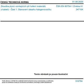 ČSN EN 60754-1 Změna A1 - Zkouška plynů vznikajících při hoření materiálů z kabelů - Část 1: Stanovení obsahu halogenovodíku - Tisk