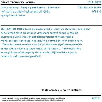 ČSN EN ISO 10156 - Lahve na plyny - Plyny a plynné směsi - Stanovení hořlavosti a oxidační schopnosti při výběru výstupů ventilu lahve - Tisk