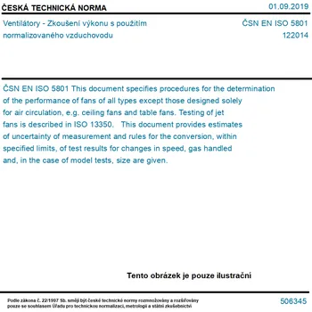 ČSN EN ISO 5801 - Ventilátory - Zkoušení výkonu s použitím normalizovaného vzduchovodu - Tisk