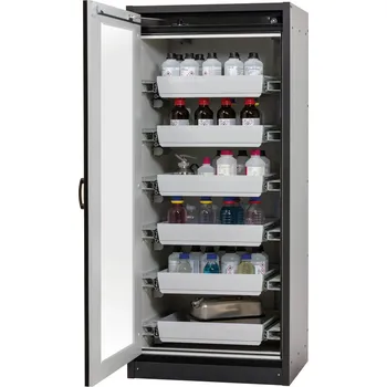 Protipožární skříň na nebezpečné látky asecos Basis-Line typ 30-96, 6 ks vany, šedá, prosklená