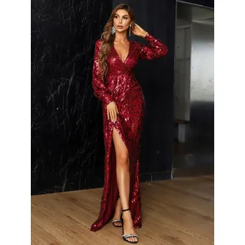 Dámské šaty Flitrové zavinovací šaty s véčkovým výstřihem LissCord Barva: Bordová, Velikost: L