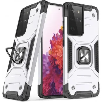 Pouzdro na mobilní telefon MG | MG Ring Armor plastový kryt na Samsung Galaxy S22 Ultra, stříbrný