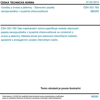 ČSN ISO 763 - Výrobky z ovoce a zeleniny - Stanovení popela nerozpustného v kyselině chlorovodíkové - Tisk