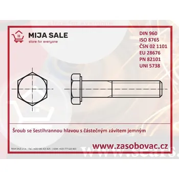 Šroub M 8x1,0x 35 - DIN 960 - 8.8 - Šrouby se šestihrannou hlavou jemný částečný závit