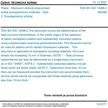 ČSN EN ISO 13468-2 - Plasty - Stanovení celkové propustnosti světla transparentními materiály - Část 2: Dvoupaprskový přístroj - Tisk