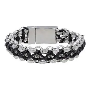 Náramek Doria Náramek stříbrný z oceli a s kůží N048