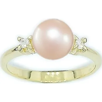 Prsten Diamantový prsten s kulatou přírodní lososovou perlou a diamanty žluté zlato - T 1207