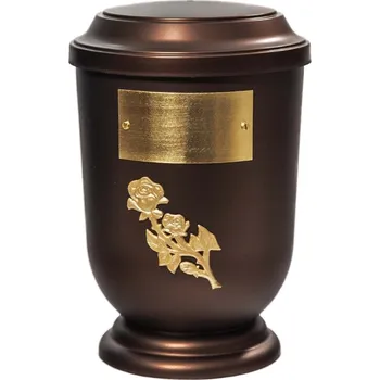 Smuteční dekorace Pohřební Plastová urna na popel, oválné prohlé víčko, staroměď, štítek č. 50, 100 x 50, zlatá růže