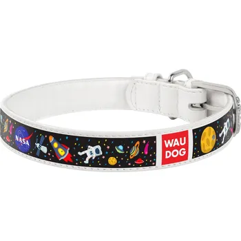 Obojek pro psa WAU DOG Kožený obojek se vzorem NASA bílý Obvod krku:: 19-25 cm, širka: 9 mm