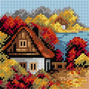 Textilie Předloha vyšívací Dům na podzim 1 15x15cm (Gobelínové plátno (stramín) s natištěným obrázkem s motivem Dům na podzim. Kreativní předloha od výrobce Orchidea. Bavlněná vyšívací předloha s rozměry 15 x 15 cm.)