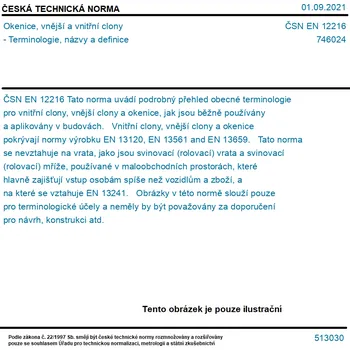 ČSN EN 12216 - Okenice, vnější a vnitřní clony - Terminologie, názvy a definice - Tisk