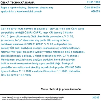 ČSN 65 6079 - Ropa a ropné výrobky. Stanovení obsahu síry spalováním v kalorimetrické bombě - Tisk