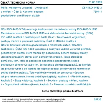 ČSN ISO 4463-3 - Měřicí metody ve výstavbě - Vytyčování a měření - Část 3: Kontrolní seznam geodetických a měřických služeb - Tisk